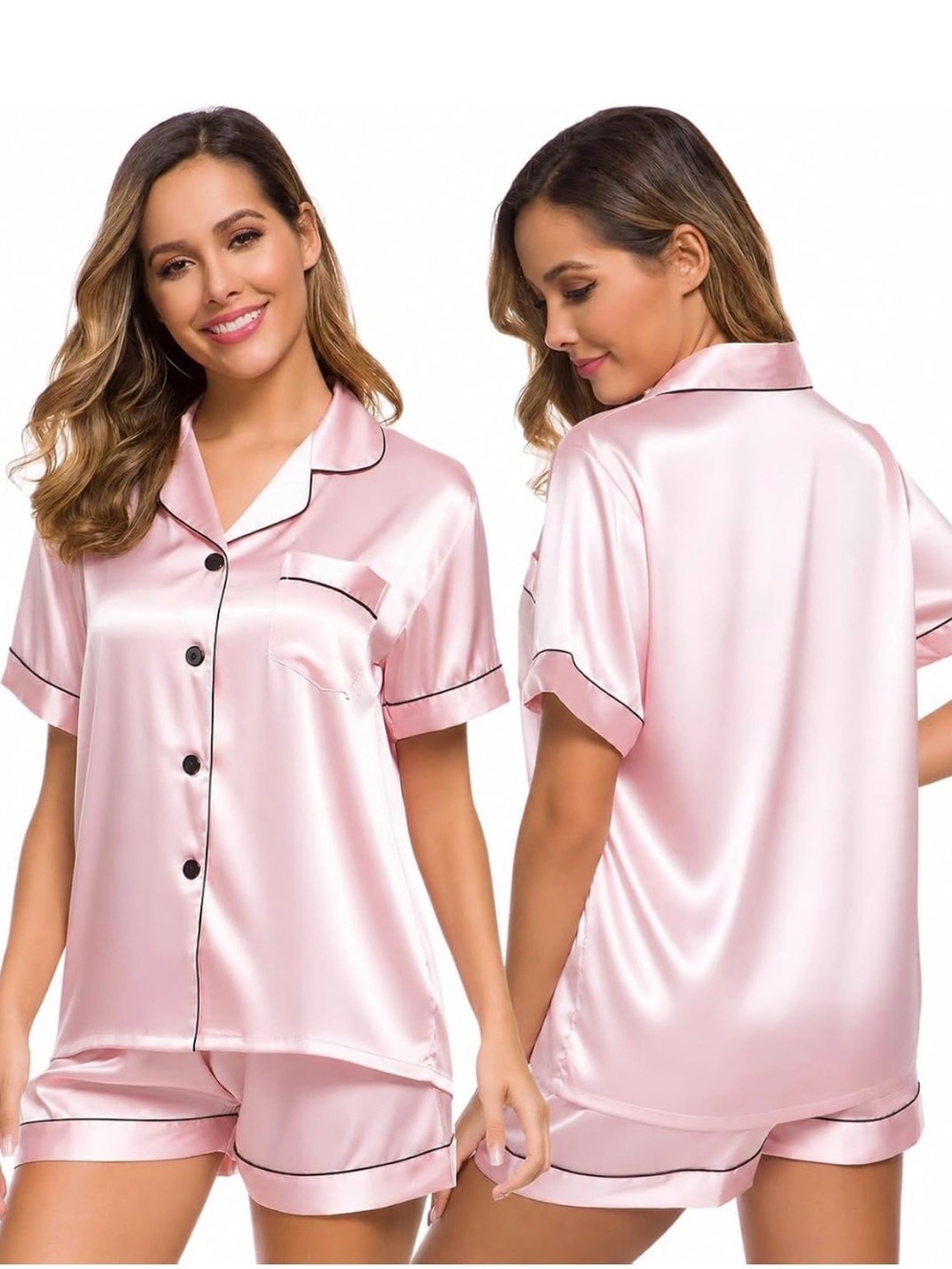 Amazon Essentials Pink Satin Short Pajama Set with Black Piping